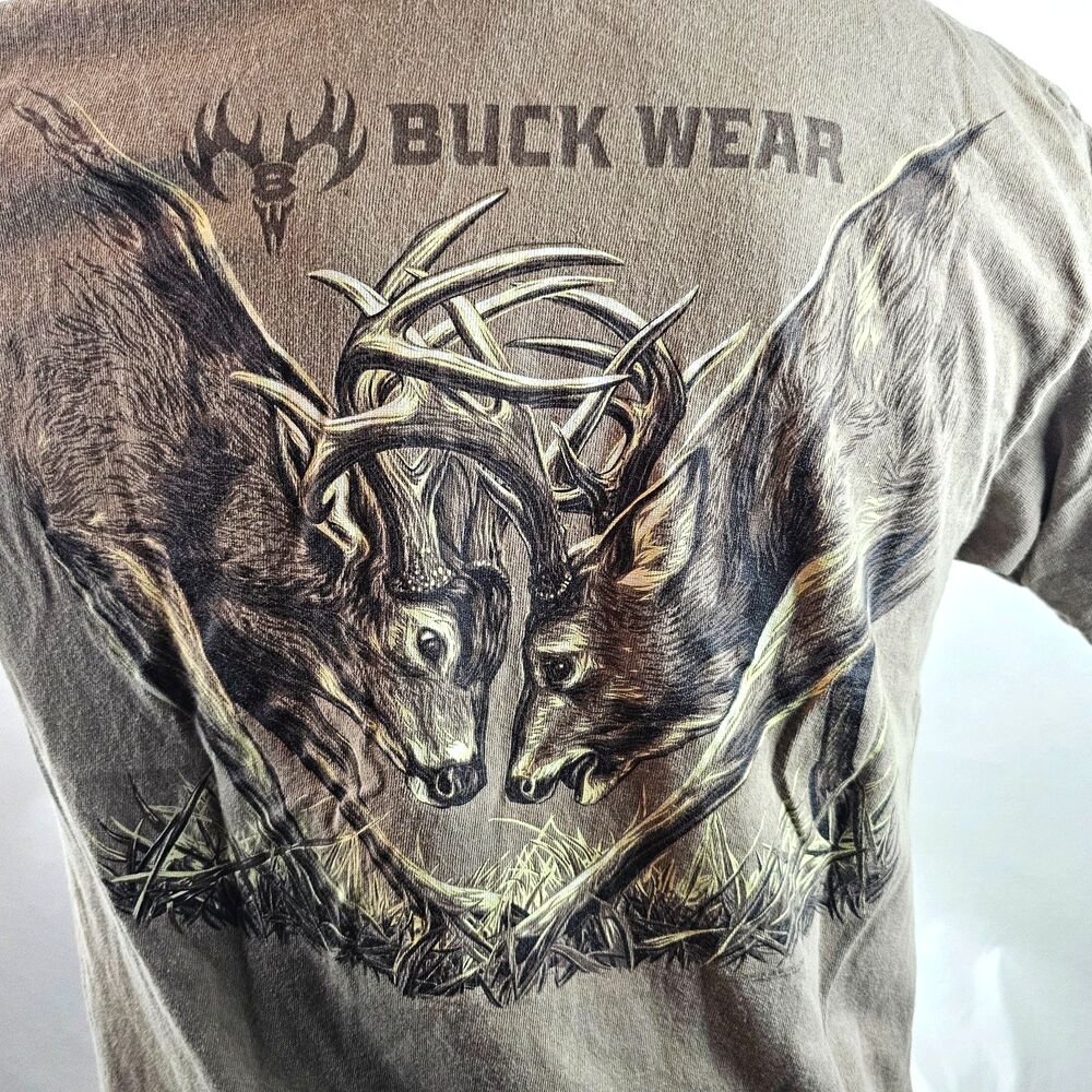 Buck Wear T Shirt Mens Large Brown Graphic Deer Hunting Bucks Fighting Outdoor